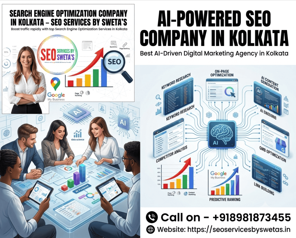 AI-Powered SEO Company in Kolkata specialists analyzing digital marketing analytics, rocket growth graphics, and search optimization performance dashboards.