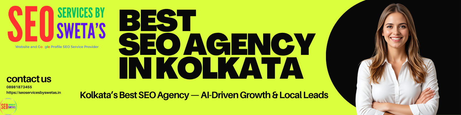A dynamic banner for a Kolkata SEO agency, showing a professional team analyzing charts and graphs alongside a digital cityscape illustrating organic growth and search results.