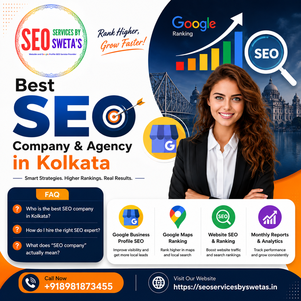 Best SEO Company & Agency in Kolkata – SEO Services by Sweta’s banner featuring Google Business Profile SEO, Google Maps ranking, website SEO, analytics, and a professional SEO expert.
