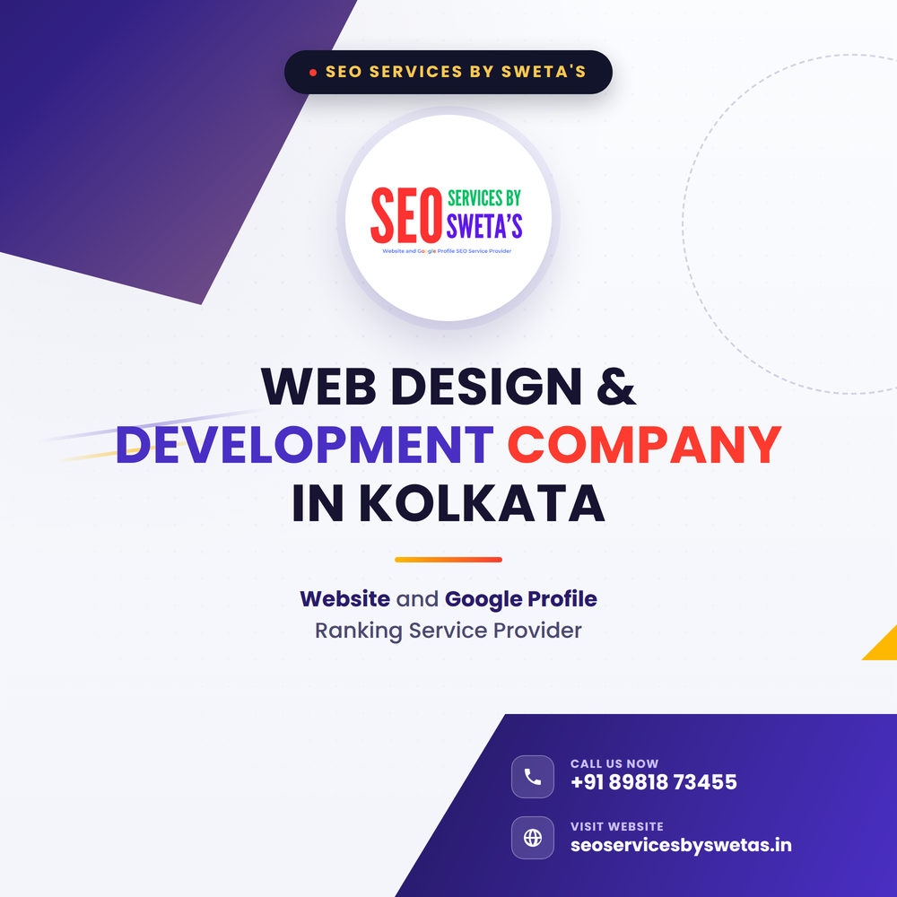 Web design and development company in Kolkata banner – SEO Services by Sweta's logo with tagline "Website and Google Profile Ranking Service Provider" and contact details.