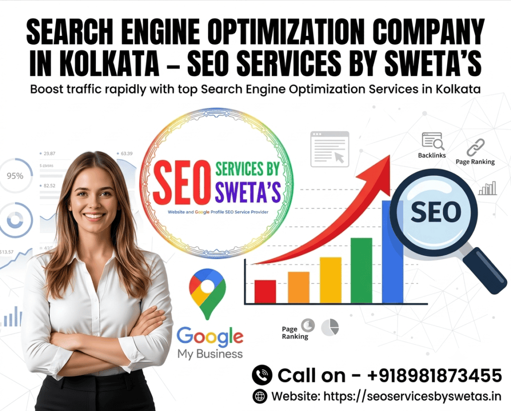 High-definition promotional banner for "SEO SERVICES BY SWETA’S" featuring a modern professional woman, business logo, Google ranking chart, and contact details.