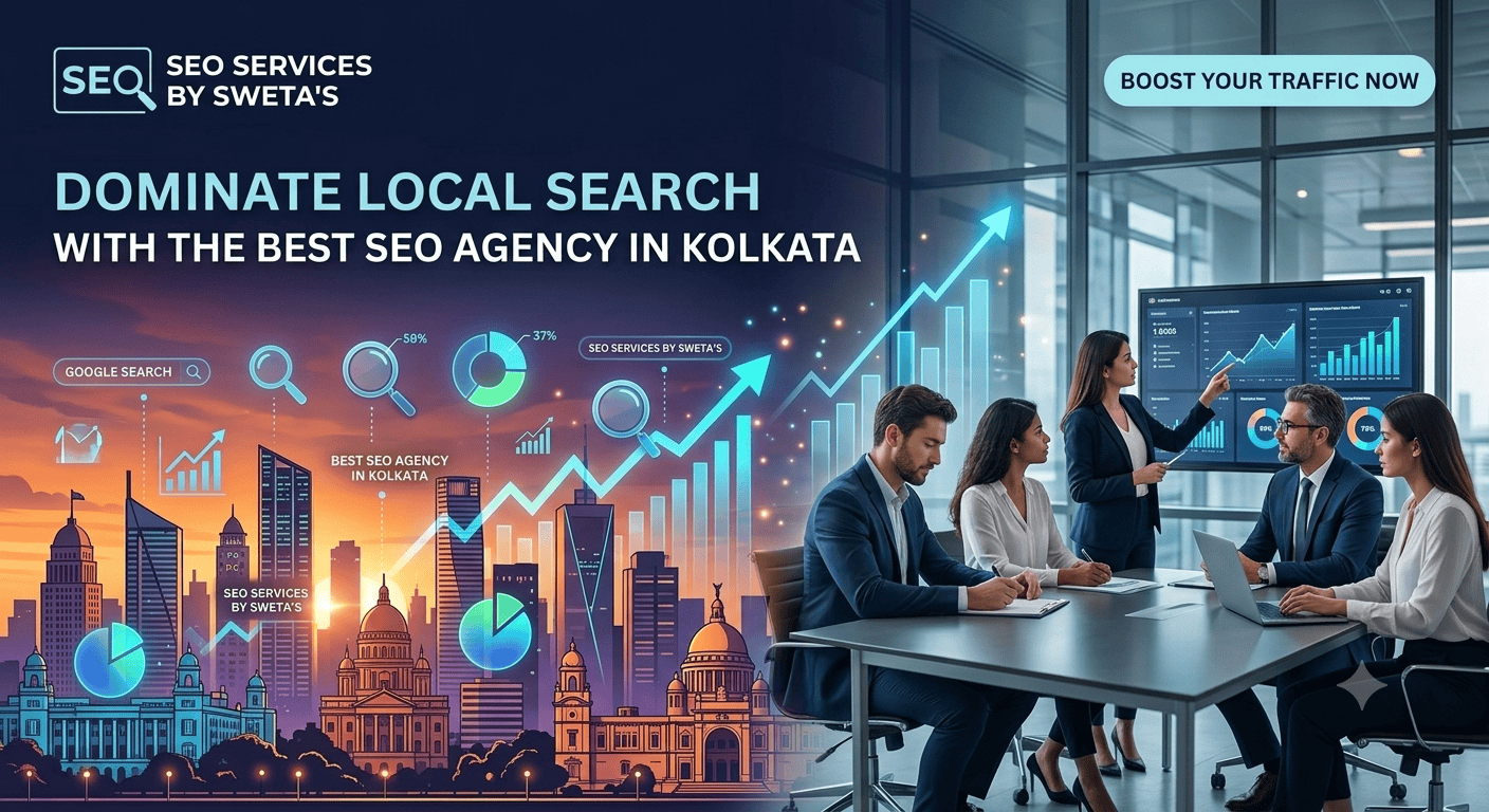 Our professional team analyzing charts and graphs alongside a digital cityscape illustrating organic growth and search results.
