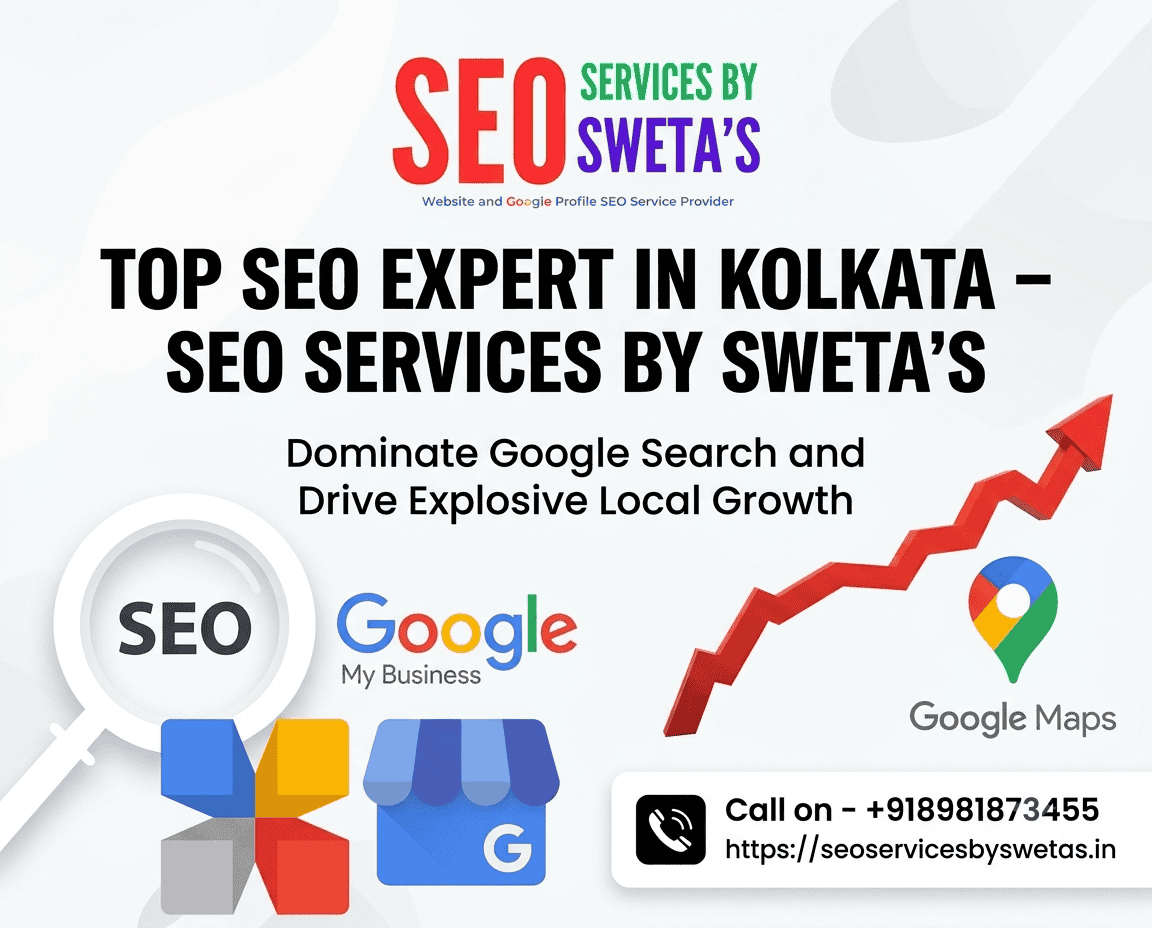 Top SEO Expert in Kolkata - SEO SERVICES BY SWETA'S banner showing organic search growth analytics graphs and local SEO optimization strategies.