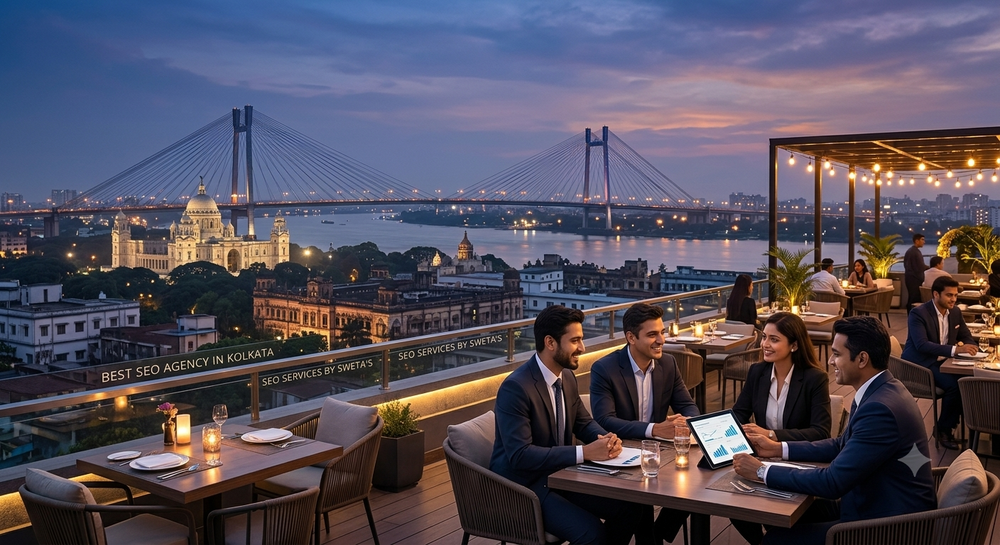 A photograph of the Kolkata skyline at dusk, including the Second Hooghly Bridge and Victoria Memorial, taken from an upscale rooftop where a professional team from SEO SERVICES BY SWETA'S, the best SEO agency in Kolkata, is collaborating over dinner.