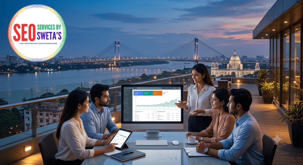 SEO SERVICES BY SWETA'S team collaborating on a rooftop terrace in Kolkata, analyzing organic growth graphs on a monitor