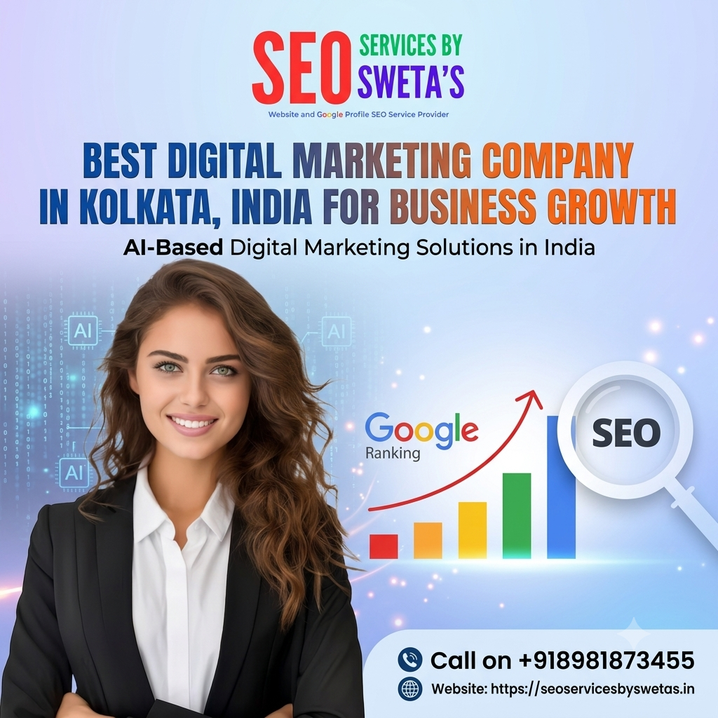 Square corporate banner for "SEO SERVICES BY SWETA'S" featuring a smiling businesswoman in a black blazer alongside a Google Ranking growth graph and magnifying glass reading "SEO". Top text displays bold block lettering: "BEST DIGITAL MARKETING COMPANY IN KOLKATA, INDIA FOR BUSINESS GROWTH" with tagline "AI-Based Digital Marketing Solutions in India". Bottom corner shows contact details: Call on +918981873455 and Website: https://seoservicesbyswetas.in.