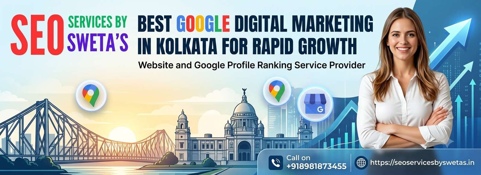 Google Digital Marketing in Kolkata, Best Google Digital Marketing in Kolkata for Rapid Growth' with local SEO icons, lead growth metrics, and SEO SERVICES BY SWETA'S branding."