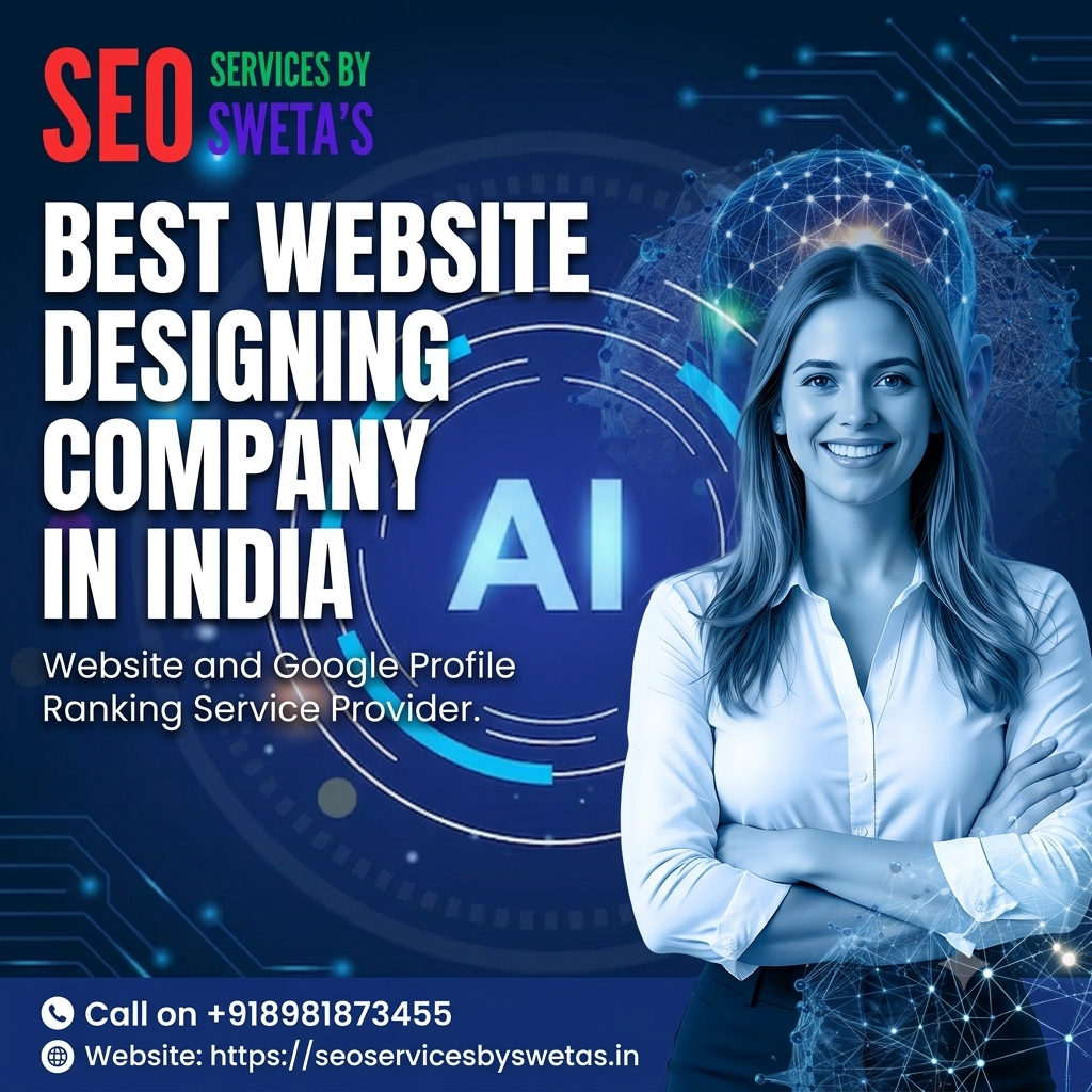 SEO banner, website designing company India, SEO services, Google profile ranking, digital marketing banner, corporate web banner, SEO Services by Sweta's, business website design, website ranking service, local SEO India, web design agency banner, marketing header image, LinkedIn banner, website header graphic, professional woman business banner, laptop dashboard graphic, AI SEO strategy, contact banner design, 1920x700 banner, website designer India, SEO services, Sweta's SEO, website designing, business growth, web development, Google ranking, AI SEO, professional web services, corporate banner, Kolkata SEO, India SEO, digital marketing, artificial intelligence, website ranking., A corporate website banner for SEO Services by Sweta's, featuring a modern skyscraper, graphics representing web analytics, and a futuristic humanoid robot with an "AI" hub. Text on the left reads: "SEO Services by Sweta's, Best Website Designing Company for Business Growth." Below that, the tagline reads: "Website and Google Profile Ranking Service Provider." On the bottom right, contact details are provided: "Call on +918981873455" and "Website: https://seoservicesbyswetas.in."